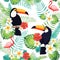 Tropical seamless pattern with toucans, flamingos, exotic leaves and flowers.