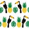 Tropical seamless pattern with toucans, palm leaves and pineapples.