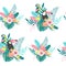 Tropical seamless pattern with toucans, parrot, exotic leaves and flowers.