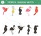 Tropical shadow matching activity for children. Preschool jungle puzzle. Cute exotic educational riddle. Find the correct bird