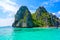 Tropical Shimizu Island and paradise beach, El Nido, Palawan, Philippines. Tour A Route. Coral reef and sharp limestone cliffs