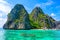 Tropical Shimizu Island and paradise beach, El Nido, Palawan, Philippines. Tour A Route. Coral reef and sharp limestone cliffs