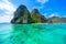 Tropical Shimizu Island and paradise beach, El Nido, Palawan, Philippines. Tour A Route. Coral reef and sharp limestone cliffs