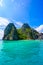 Tropical Shimizu Island and paradise beach, El Nido, Palawan, Philippines. Tour A Route. Coral reef and sharp limestone cliffs