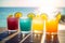 Tropical Slushie cocktail set on beautiful tropical scenery background. Generative AI illustration