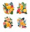 tropical still lifes with drinks, flowers, leaves and fruits, illustration in simple flat style