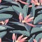 Tropical strelitzia flowers, blue banana palm leaves, dark background. Seamless pattern. Jungle foliage illustration.