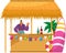 Tropical summer beach bar with young female bartender, cocktail bar, surf boards and palm trees