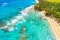 Tropical summer beach with coconut palm trees background. Aerial drone idyllic turquoise sea vacation background. Dominican