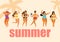Tropical summer card with dancing girls in trendy summer swimsuits. Vector illustration.