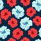 Tropical summer flowers dark blue background. Seamless pattern of red and blue hibiscus flowers.