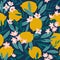 Tropical summer fruit seamless pattern. Citrus tree in hand drawn style. Vector fabric design with lemons and flowers
