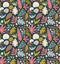 Tropical summer plants seamless pattern. Palm leaves and flowers in the dark background.