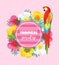 Tropical Summer Poster with Parrot, Exotic Flowers, Palm Leaves. Vector Illustration for Banner, Backdrop, t-shirt, Greeting