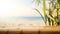 Tropical Summer Teak Table Top: Beach, Sea Blurred Background, and Golden Hour Ambiance