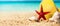 Tropical summer vacations - seashells and starfish on the exotic beach sand with ocean in the background