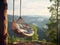 Tropical sunny sky background as exotic summer landscape with swing or hammock and calm. Carefree freedom tranquility. wooden