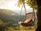 Tropical sunny sky background as exotic summer landscape with swing or hammock and calm. Carefree freedom tranquility. wooden