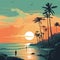 Tropical Sunset Beach Poster With Palm Trees