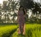 Tropical sunset bliss. Young beautiful and attractive Asian Korean woman in elegant dress walking on green rice field enjoying