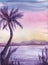 Tropical sunset landscape with palm tree and grass on the first