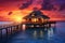 Tropical sunset in Maldives with water bungalows, Water bungalow. Sunset on the islands of the Maldives. A place for dreams, AI