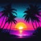 Tropical sunset with palm trees Vibrant sunset synthwave design on pure black