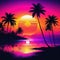 Tropical sunset with palm trees Vibrant sunset synthwave design on pure black