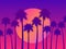 Tropical sunset with palms and gradient sun in 80s style. Design for advertising brochures, banners, posters, travel agencies.