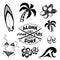 Tropical surfing and relax symbols ink sketch set in tattoo style