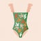 Tropical Swimsuit. Green swim suit, one piece swimwear with pink ruffles, doodle flowers, leaf pattern. Mexican