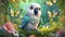 Tropical Symphony: Parrot Perched on a Garden Branch with a Butterfly