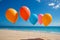 Tropical Tranquility, Colorful Balloons Dancing in the Blue Sky over a Minimal Beach, AI Generated