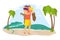 Tropical travel weekend vacation, lovely couple male character hold on shoulder female flat vector illustration