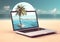tropical tree laptop palm summer computer vacation travel beach concept. Generative AI.