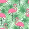 Tropical trendy seamless pattern with flamingos and palm leaves. Exotic Hawaii art background.