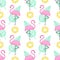 Tropical trendy seamless pattern with pink flamingos, donuts and green palm leaves on white background.