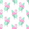 Tropical trendy seamless pattern with pink flamingos and green palm leaves on white background.