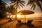 Tropical Twilight Beach Getaway with Sun Beds and Palm Tree Umbrella, generative Ai