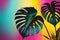 Tropical Twilight: Leaf Silhouette Set Against a Vibrant Abstract Background, Featuring a Gradient of Vivid Green and Exotic Hues