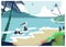 Tropical vacation place, hot area country beachside, seagull sitting seashore on rock, ocean wave washes coast cartoon