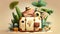 Tropical vacation travel realistic composition with retro brown leather suitcase and palm leaves illustration