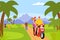 Tropical vacation, travel at scooter, vector illustration, man woman character couple ride motorbike at summer nature
