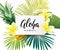 Tropical vector design with green palm leaves, plumeria flowers, pineapples and hand drawn Aloha inscription. Summer hawaiian