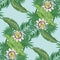 Tropical vector green leaves passion fruit seamless pattern blue background.