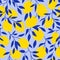 Tropical vector seamless pattern with yellow lemons on the blue background. Fruit repeated background.