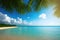 Tropical view with palm trees and beautiful turquoise sea and beach with white sand, tropical vacation landscape. Generative Ai