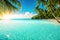 Tropical view with palm trees and beautiful turquoise sea and beach with white sand, tropical vacation landscape. Generative Ai