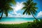 Tropical view with palm trees and beautiful turquoise sea and beach with white sand, tropical vacation landscape. Generative Ai