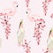 Tropical vintage exotic flowers, pelican flamingo floral seamless pattern, pink background.